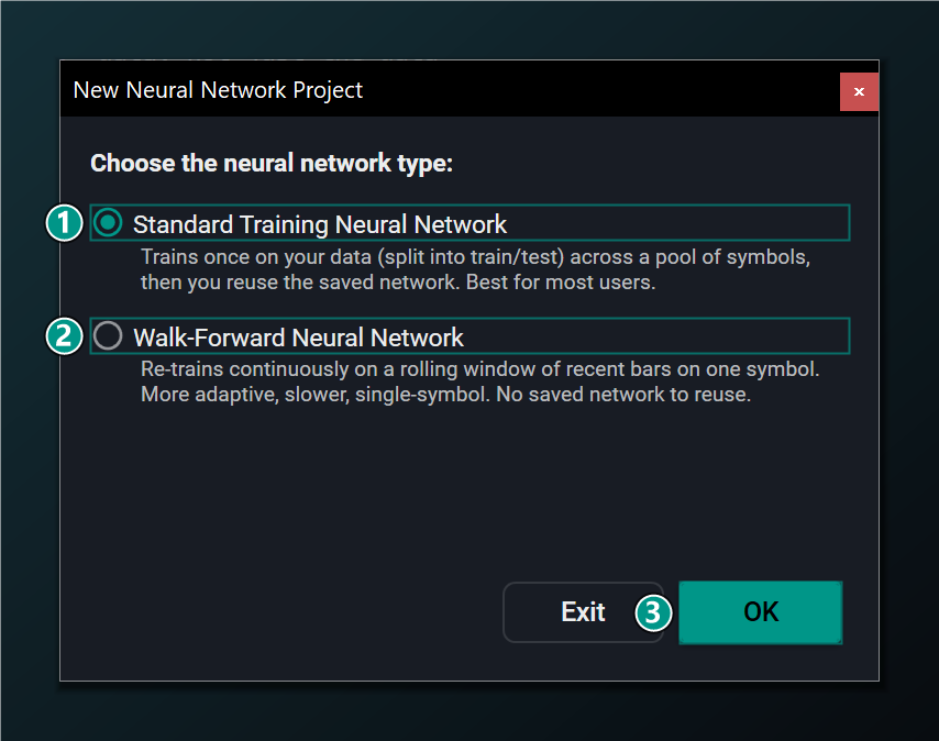 Startup dialog with Standard and Walk-Forward options; Standard is preselected.