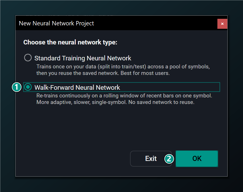 Startup dialog with the Walk-Forward option selected.