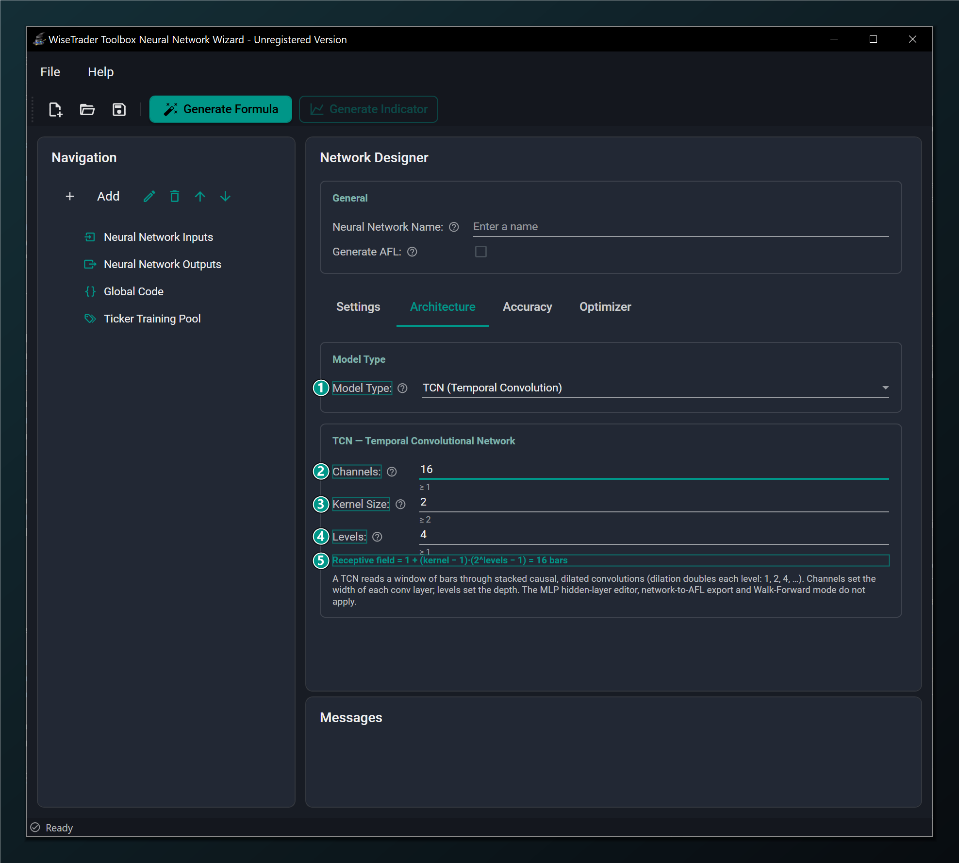The Architecture tab configured as a TCN temporal-convolution network.