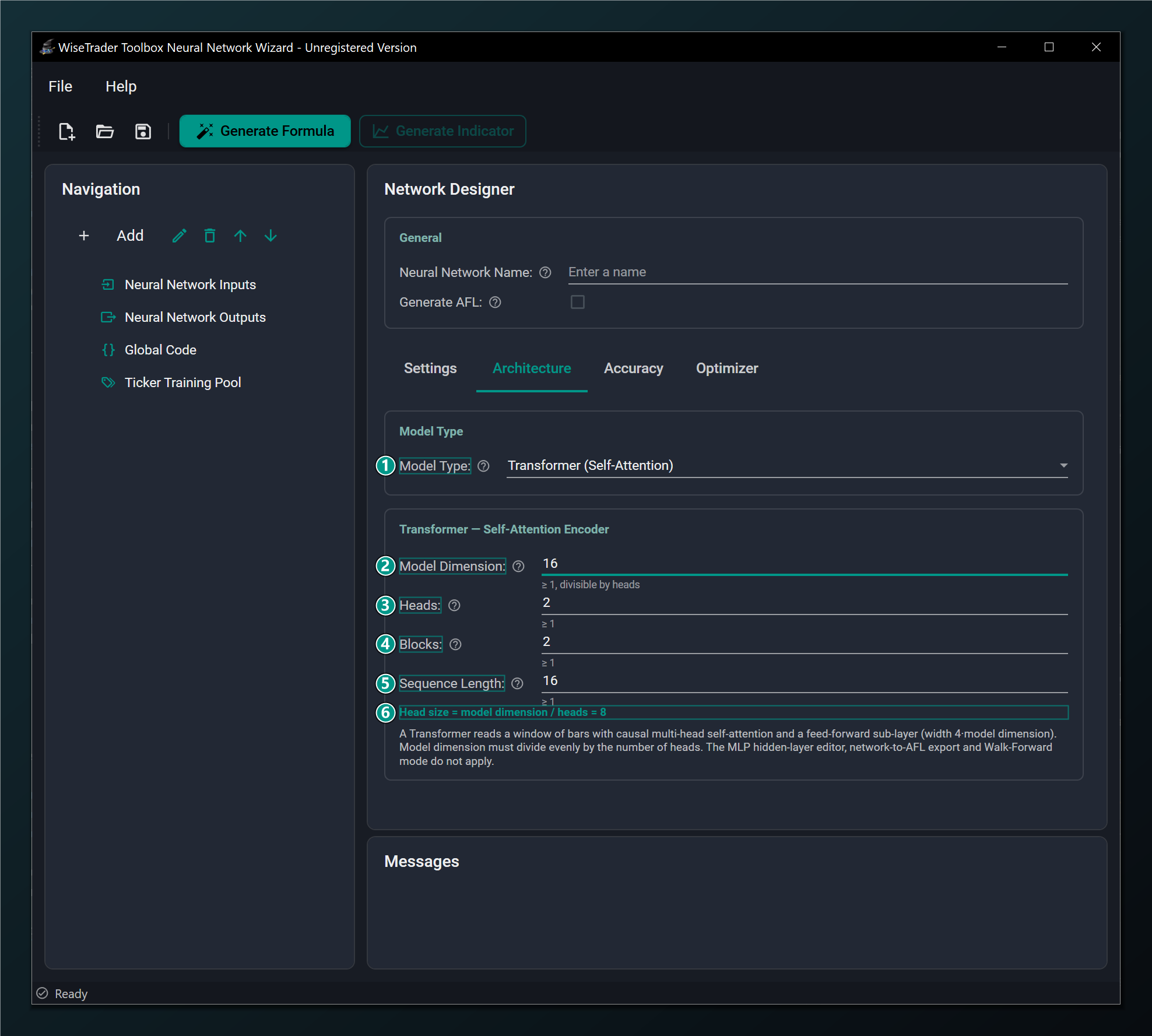 The Architecture tab configured as a Transformer self-attention network.