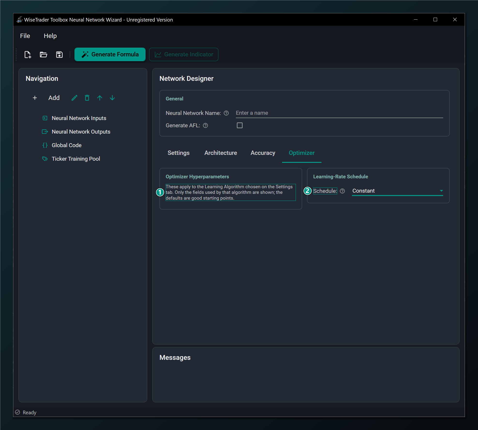 The Optimizer tab with Standard BackPropagation, showing no extra parameters.