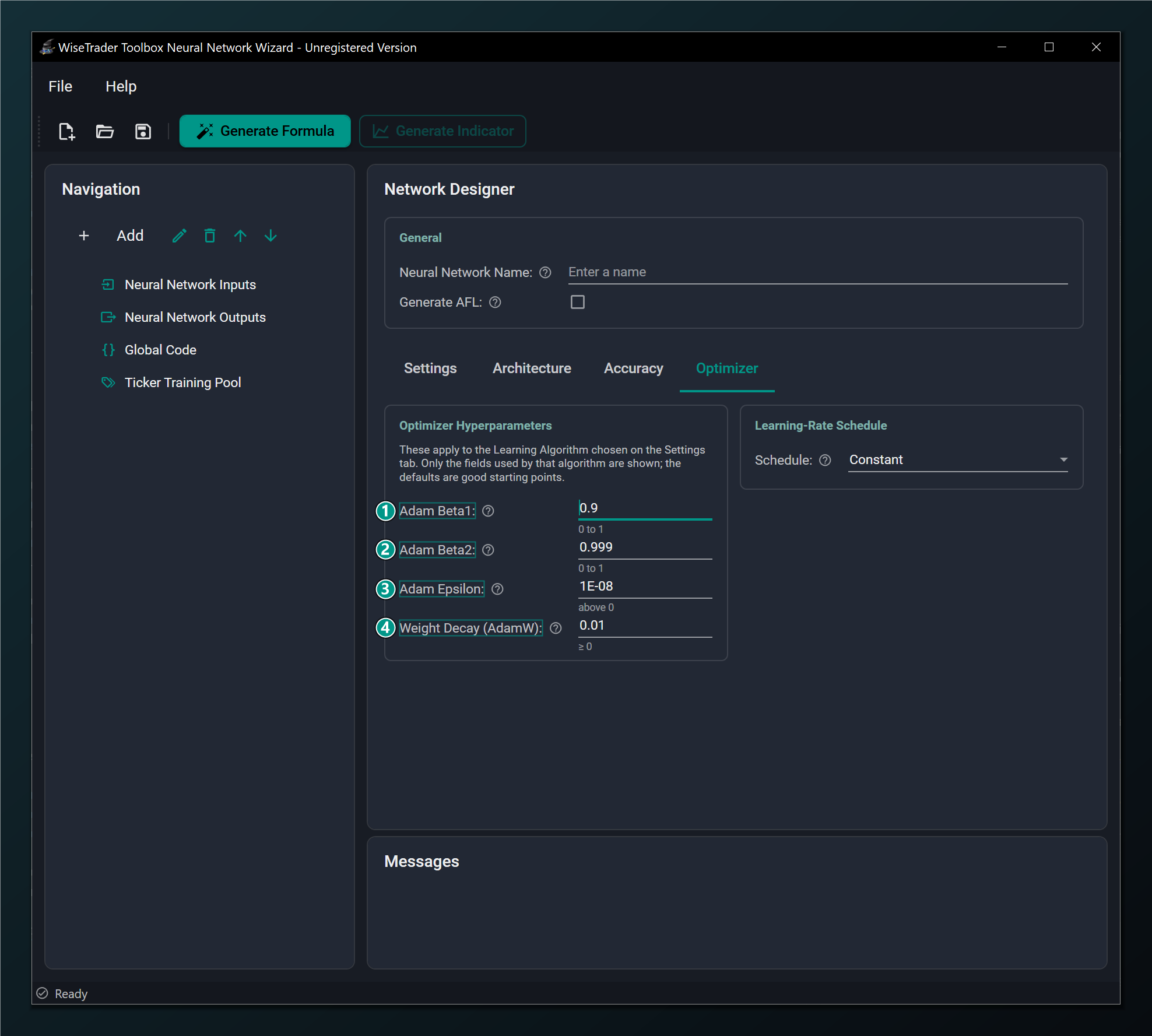 The Optimizer tab with AdamW selected, revealing Beta1, Beta2, Epsilon and Weight Decay.