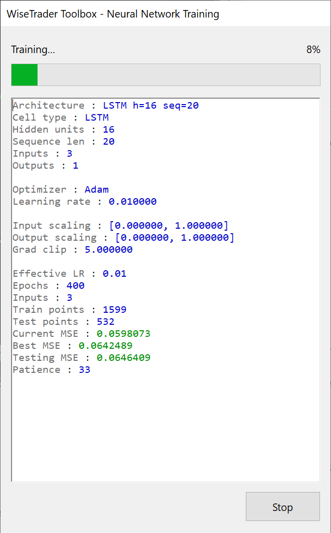 Neural network training in the WiseTrader Toolbox, showing training and test error